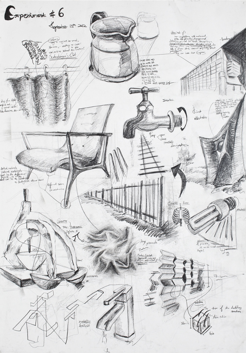 sunyoungna - This is the experimental piece that shows the process -- 2d to 3d dimensional art -- to represent sound or music. I drew random objects that has different textures and functions.
