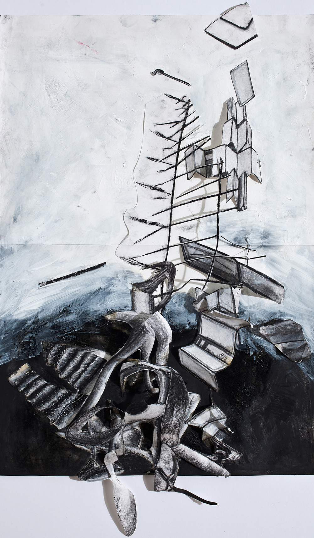 sunyoungna - Taking the highlights of the each objects,I made the simplified shaped of drawings using charcoals, oil, and gesso. I cut the drawings out and rearranged the pieces in three dimension.